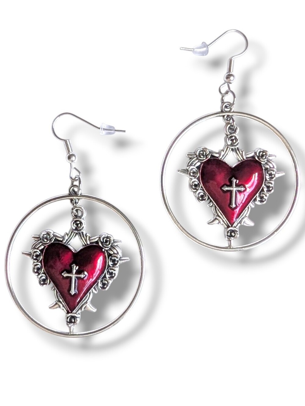 NWT Handmade Silver and Red Thorn Heart and Hoop Earrings